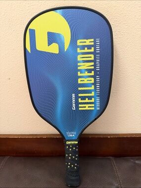 Gamma Hellbender Pickleball Paddle Yellow Logo on a Blue Graphite Surface
